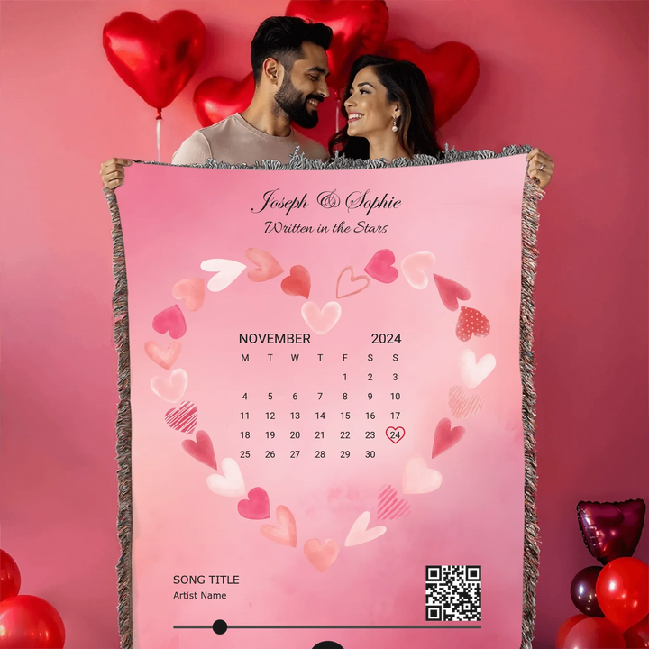 Custom Song QR Code & Calendar -Heirloom Woven Blanket Held by a Couple-ARTFULANE