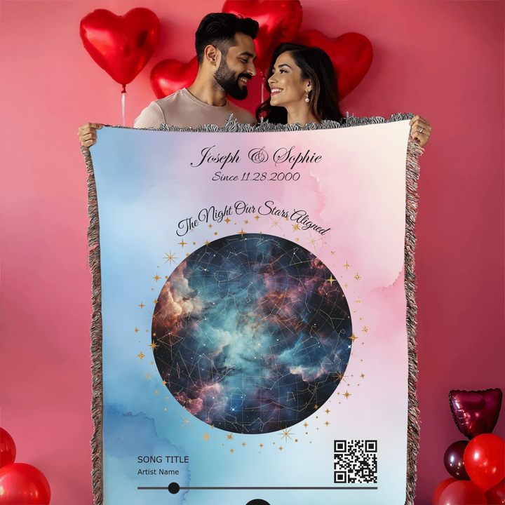 Custom Song QR Code & Star Map -Heirloom Woven Blanket Held by a Couple-ARTFULANE