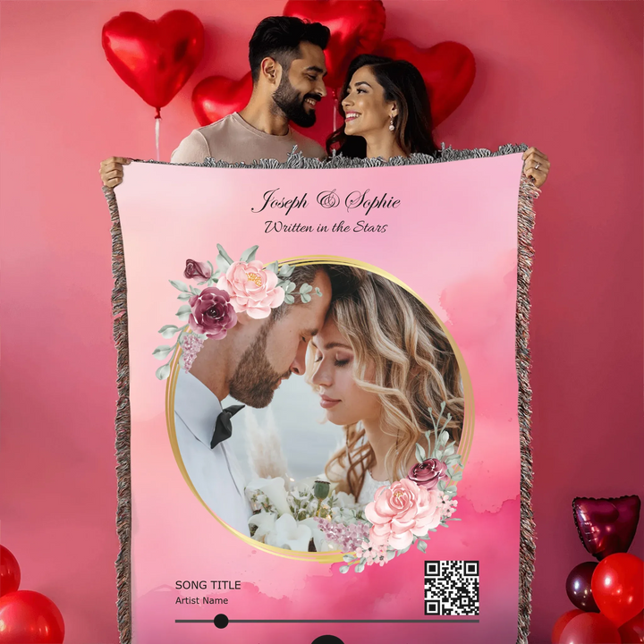 Custom Song QR Code & Photo Blanket -Heirloom Woven Blanket Held by a Couple-ARTFULANE