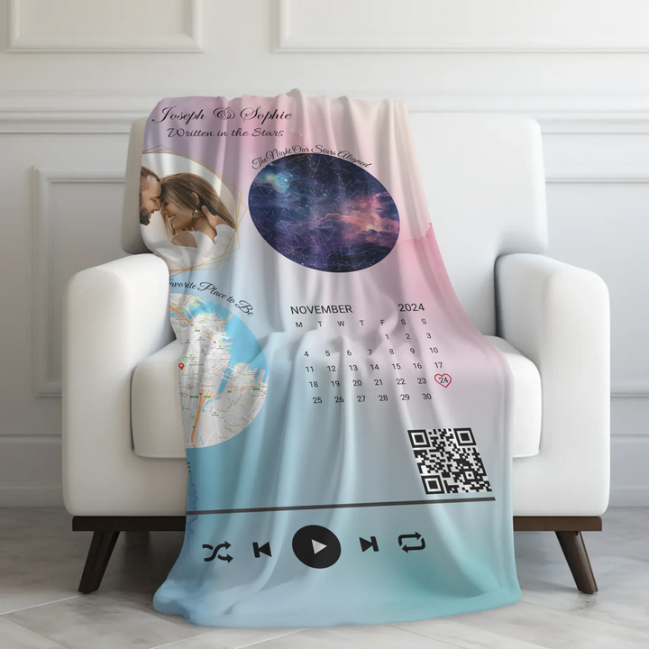 Custom Song QR Code & Maps Keepsake -Ultra-Soft Plush Blanket On Couch-ARTFULANE