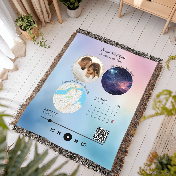 Custom Song QR Code & Maps Keepsake -Heirloom Woven Blanket In Room-ARTFULANE