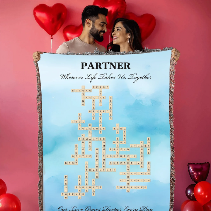 Custom Partner Word Tile - Heirloom Woven Blanket Held by a Couple-ARTFULANE