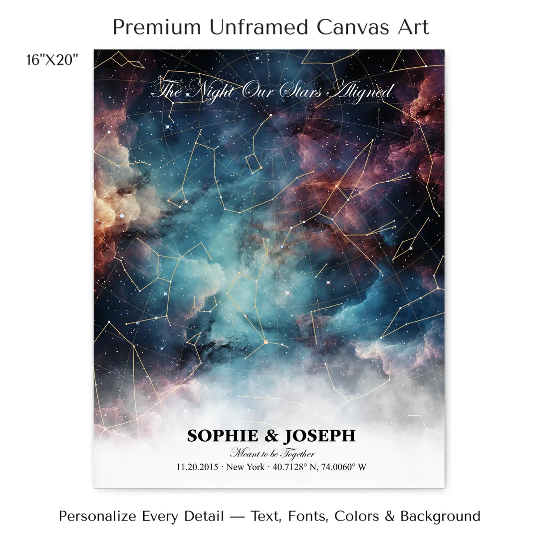 Personalized star map wall art with customizable background, title, names, date, location, and coordinates - 16x20 stretched canvas-ARTFULANE