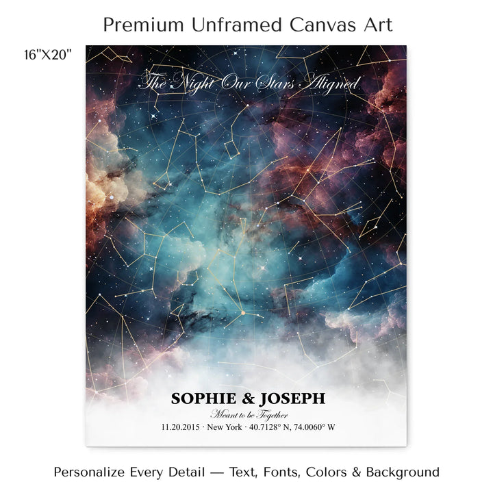Personalized star map wall art with customizable background, title, names, date, location, and coordinates - 16x20 stretched canvas-ARTFULANE