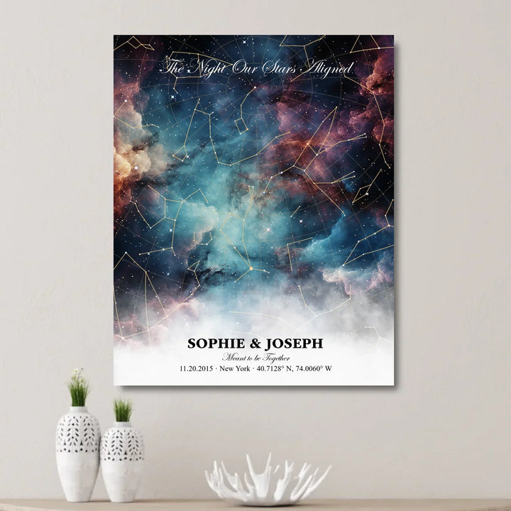 Personalized star map wall art with customizable background, title, names, date, location, and coordinates - unframed canvas on wall-ARTFULANE