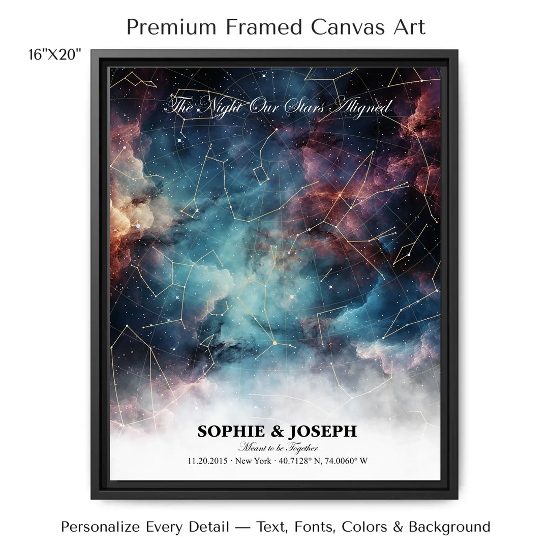 Personalized star map wall art with customizable background, title, names, date, location, and coordinates - 16x20 framed canvas-ARTFULANE