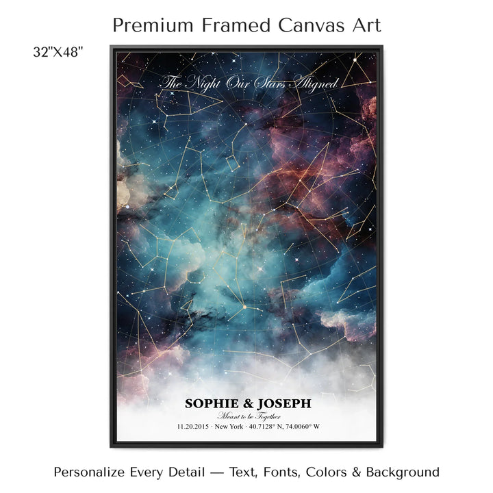 Personalized star map wall art with customizable background, title, names, date, location, and coordinates - 32x48 framed canvas-ARTFULANE