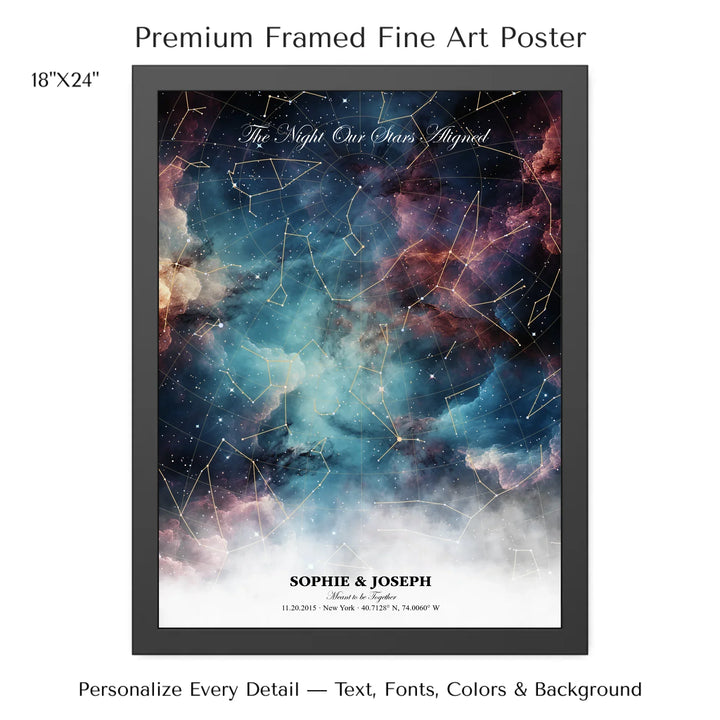 Personalized star map wall art with customizable background, title, names, date, location, and coordinates - 18x24 framed poster-ARTFULANE