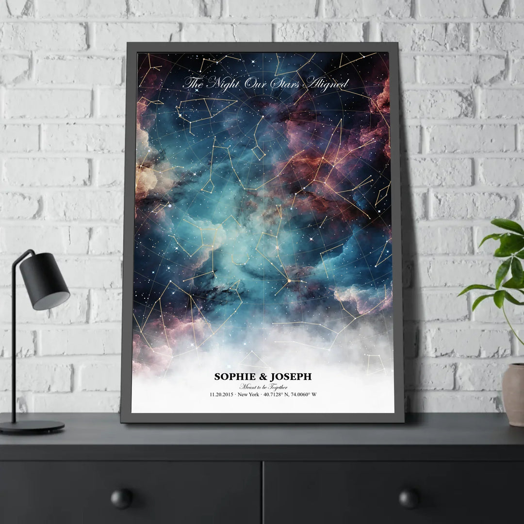 Personalized star map wall art with customizable background, title, names, date, location, and coordinates - 28x40 framed poster on table-ARTFULANE