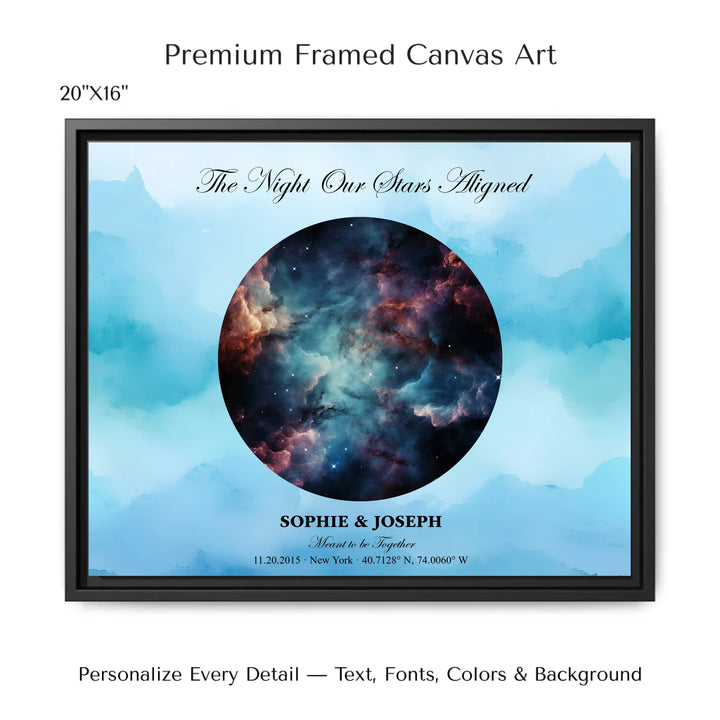 Personalized star map wall art with customizable night sky, background, names, date, location, and coordinates -20x16 framed canvas-ARTFULANE