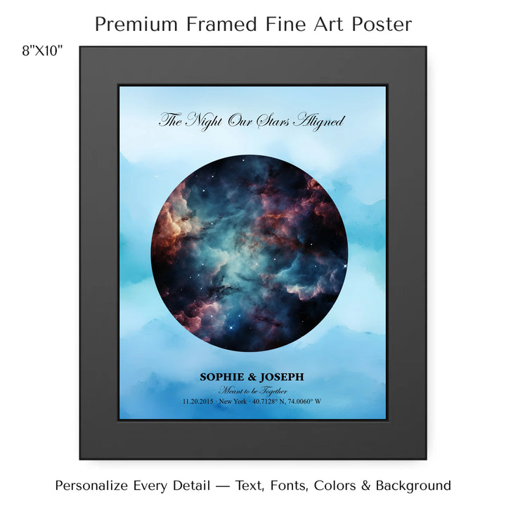 Personalized star map wall art with customizable night sky, background, names, date, location, and coordinates -8x10 framed poster-ARTFULANE