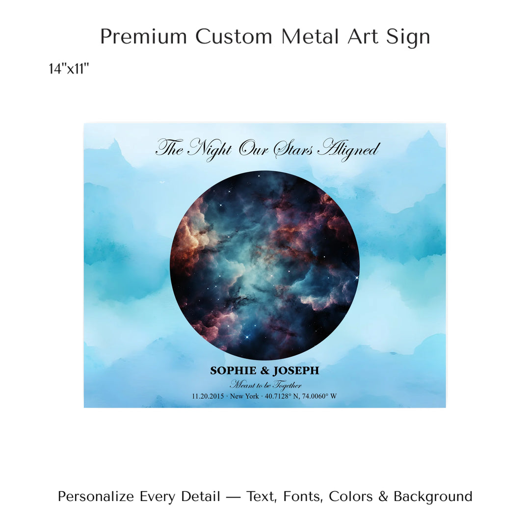 Personalized star map wall art with customizable night sky, background, names, date, location, and coordinates -14x11 metal art sign-ARTFULANE