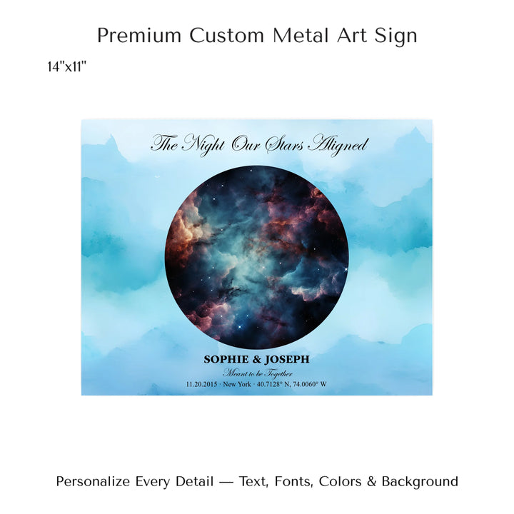Personalized star map wall art with customizable night sky, background, names, date, location, and coordinates -14x11 metal art sign-ARTFULANE