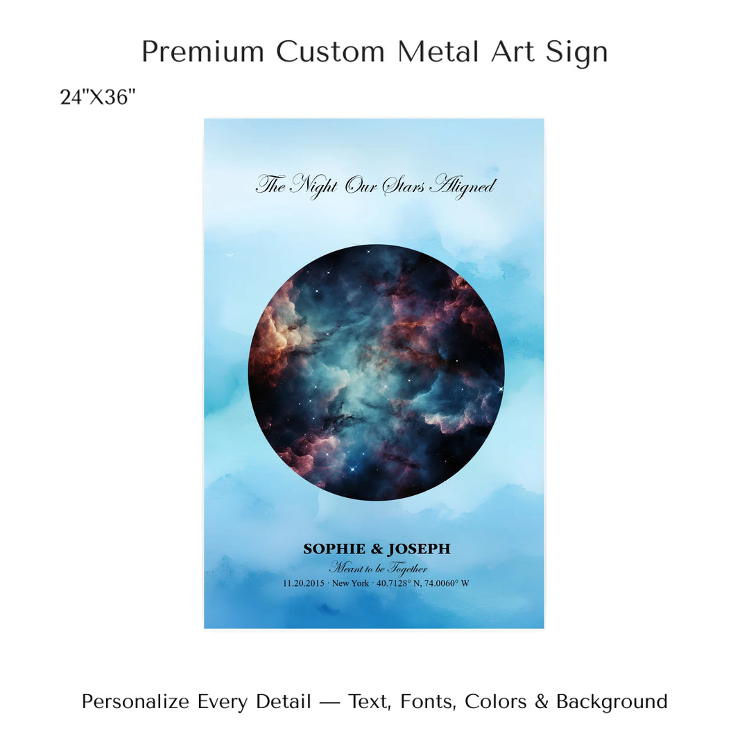 Personalized star map wall art with customizable night sky, background, names, date, location, and coordinates -24x36 metal art sign-ARTFULANE