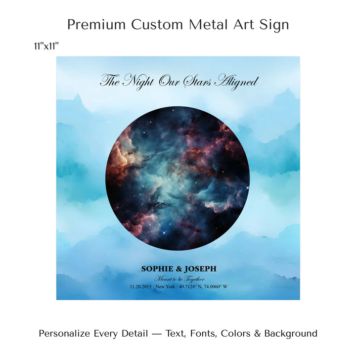 Personalized star map wall art with customizable night sky, background, names, date, location, and coordinates -11x11 metal art sign-ARTFULANE