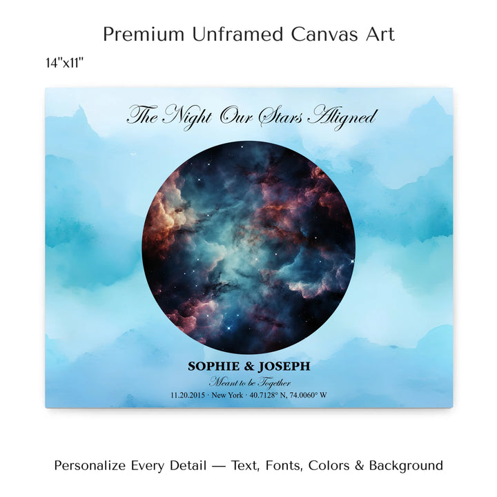 Personalized star map wall art with customizable night sky, background, names, date, location, and coordinates -14x11 stretched canvas-ARTFULANE