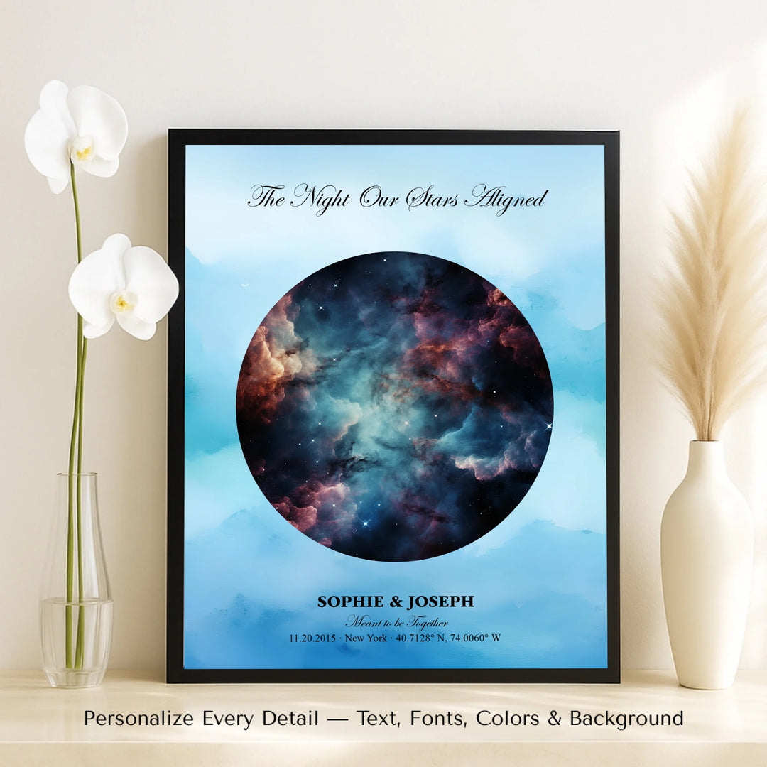 Personalized star map wall art with customizable night sky, background, names, date, location, and coordinates -framed canvas on table-ARTFULANE