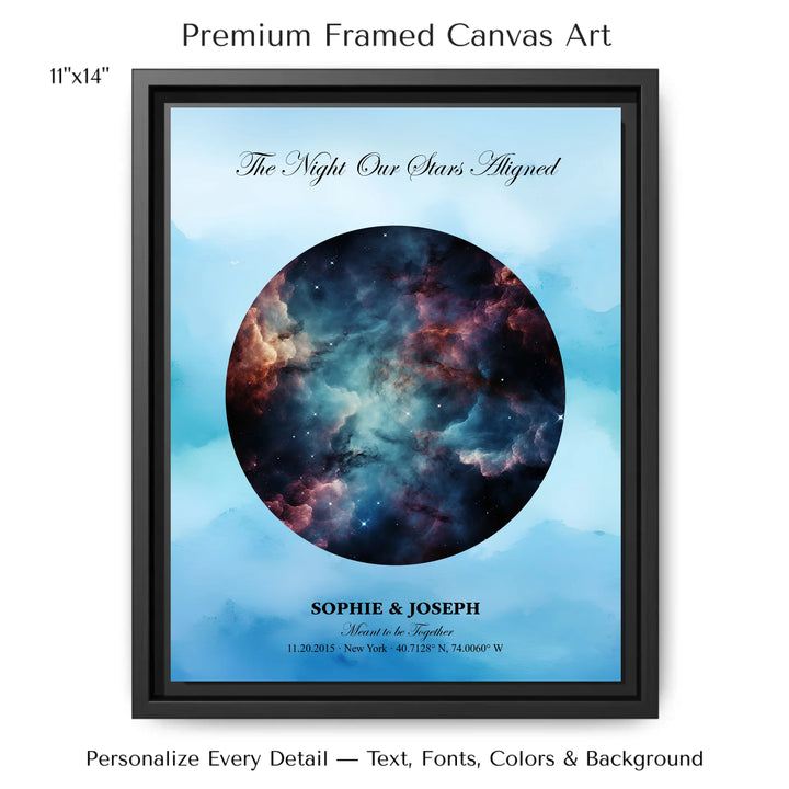 Personalized star map wall art with customizable night sky, background, names, date, location, and coordinates -11x14 framed canvas-ARTFULANE