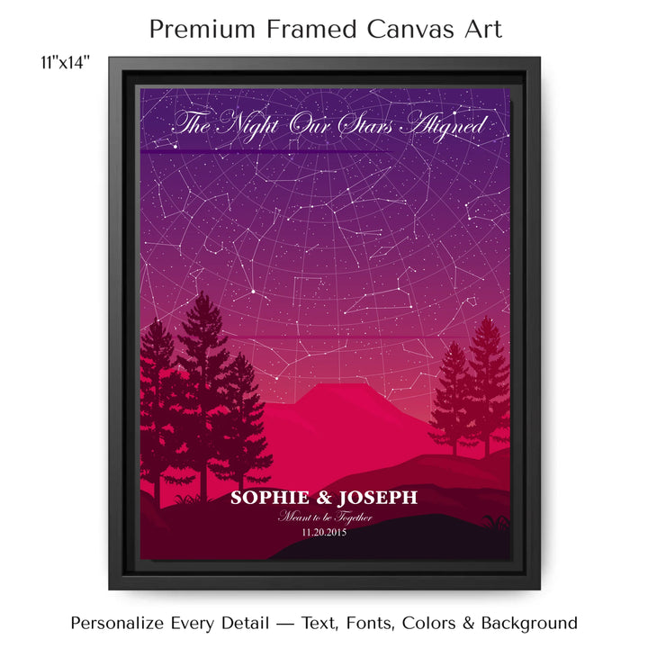 Custom star map print with crimson cliff landscape and night sky, personalized with names, date, and constellation details - 11x14 framed canvas-ARTFULANE