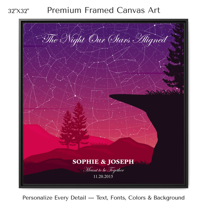 Custom star map print with crimson cliff landscape and night sky, personalized with names, date, and constellation details - 32x32 framed canvas-ARTFULANE
