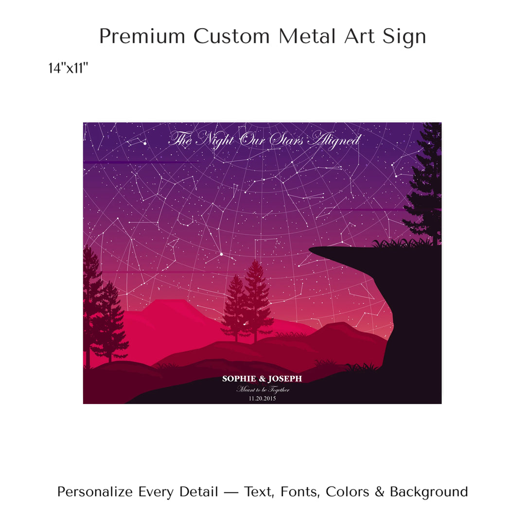 Custom star map print with crimson cliff landscape and night sky, personalized with names, date, and constellation details - 14x11 metal art sign-ARTFULANE