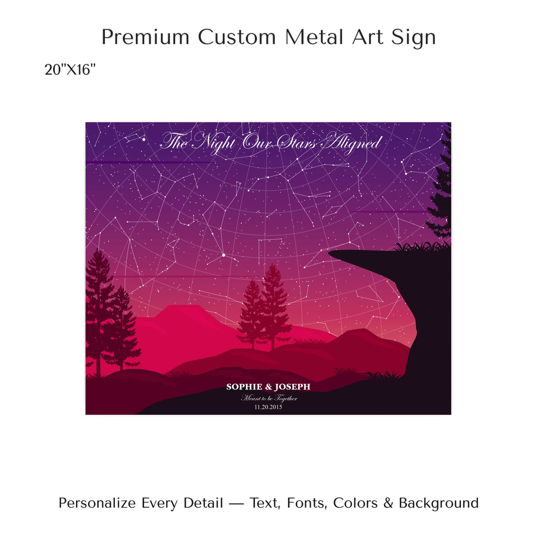 Custom star map print with crimson cliff landscape and night sky, personalized with names, date, and constellation details - 20x16 metal art sign-ARTFULANE