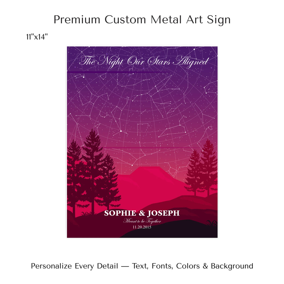 Custom star map print with crimson cliff landscape and night sky, personalized with names, date, and constellation details - 11x14 metal art sign-ARTFULANE