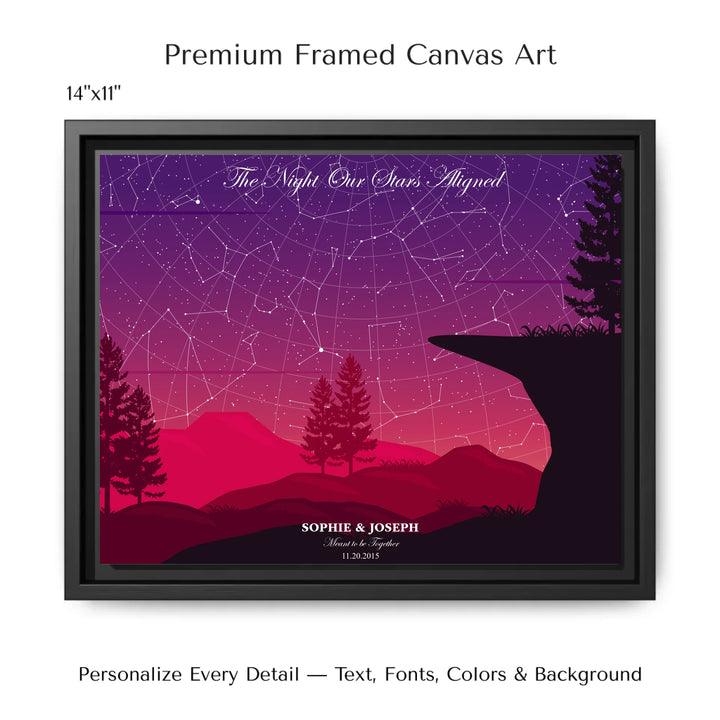 Custom star map print with crimson cliff landscape and night sky, personalized with names, date, and constellation details - 14x11 framed canvas-ARTFULANE