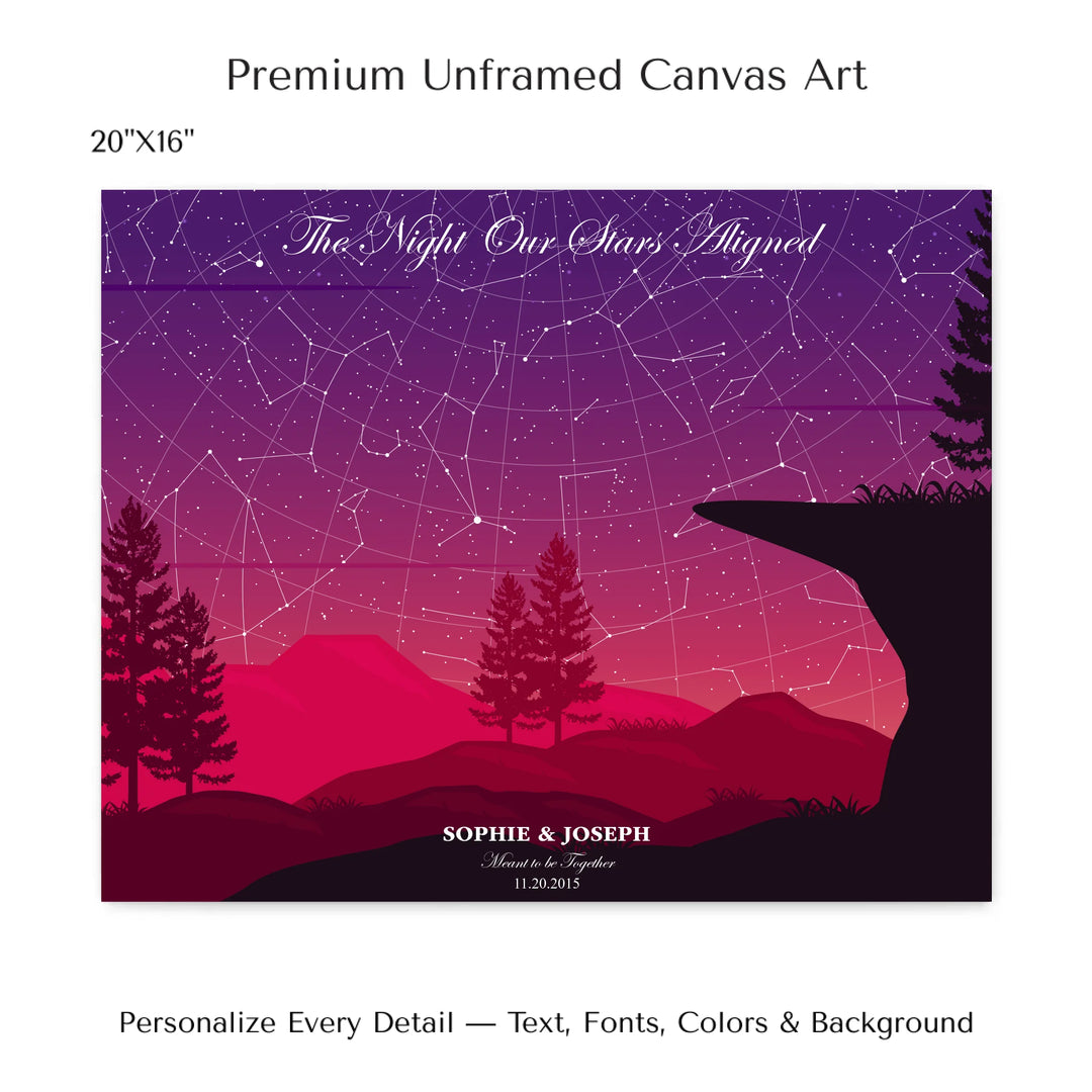 Custom star map print with crimson cliff landscape and night sky, personalized with names, date, and constellation details - 20x16 stretched canvas-ARTFULANE