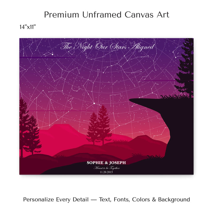 Custom star map print with crimson cliff landscape and night sky, personalized with names, date, and constellation details - 14x11 stretched canvas-ARTFULANE