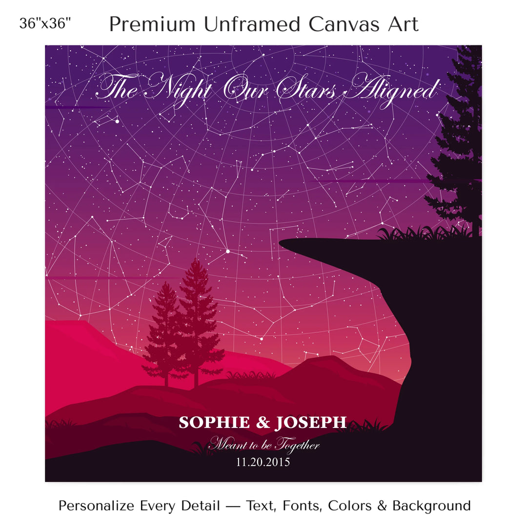 Custom star map print with crimson cliff landscape and night sky, personalized with names, date, and constellation details - 36x36 stretched canvas-ARTFULANE
