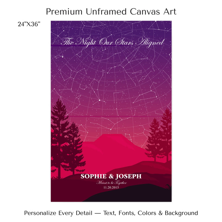 Custom star map print with crimson cliff landscape and night sky, personalized with names, date, and constellation details - 24x36 stretched canvas-ARTFULANE