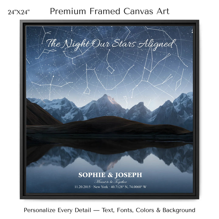 Personalized star map wall art with customizable background, title, names, date, location, and coordinates - 24x24 framed canvas-ARTFULANE