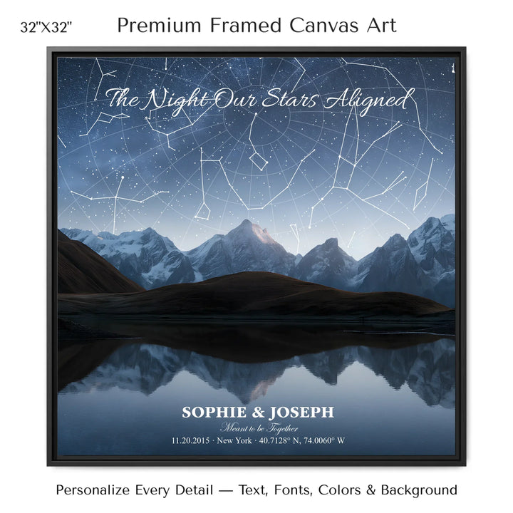 Personalized star map wall art with customizable background, title, names, date, location, and coordinates - 32x32 framed canvas-ARTFULANE