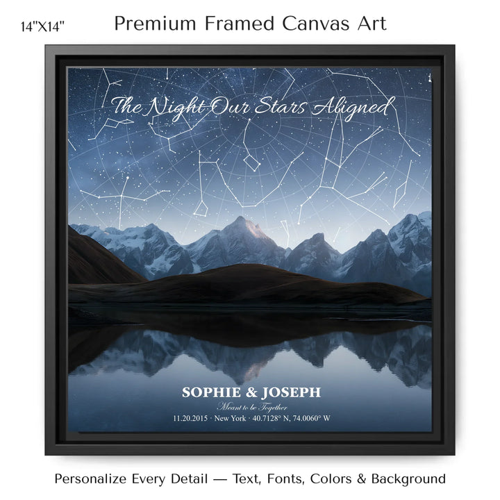 Personalized star map wall art with customizable background, title, names, date, location, and coordinates - 14x14 framed canvas-ARTFULANE