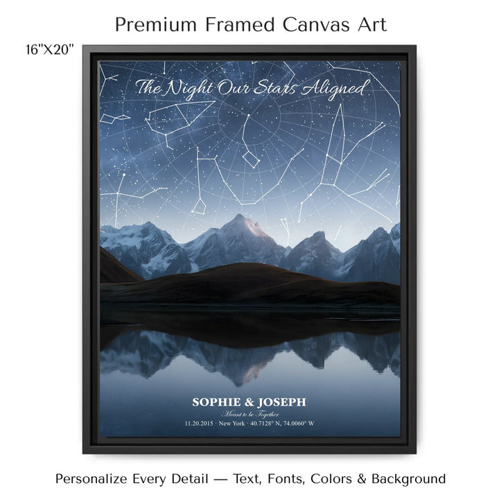 Personalized star map wall art with customizable background, title, names, date, location, and coordinates - 16x20 framed canvas-ARTFULANE