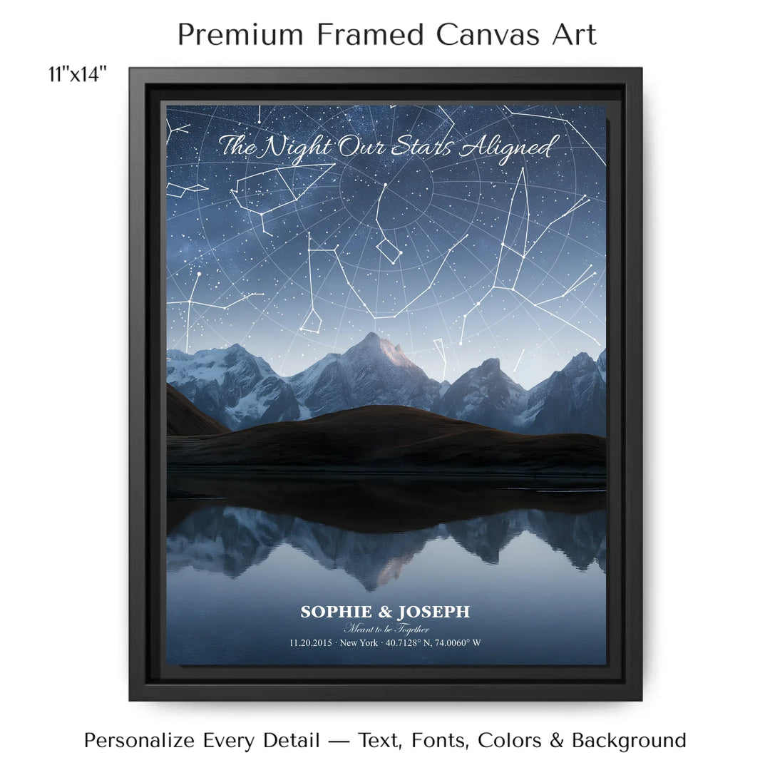 Personalized star map wall art with customizable background, title, names, date, location, and coordinates - 11x14 framed canvas-ARTFULANE