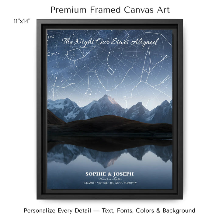 Personalized star map wall art with customizable background, title, names, date, location, and coordinates - 11x14 framed canvas-ARTFULANE