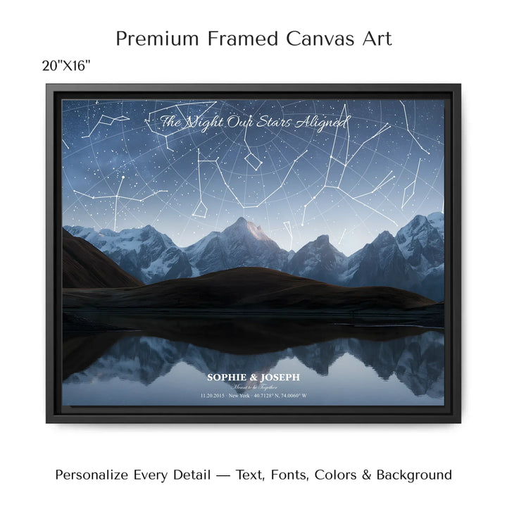 Personalized star map wall art with customizable background, title, names, date, location, and coordinates - 20x16 framed canvas-ARTFULANE