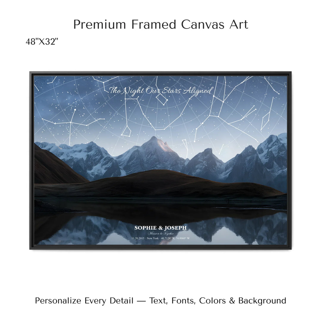 Personalized star map wall art with customizable background, title, names, date, location, and coordinates - 48x32 framed canvas-ARTFULANE