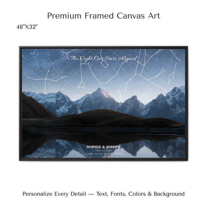 Personalized star map wall art with customizable background, title, names, date, location, and coordinates - 48x32 framed canvas-ARTFULANE