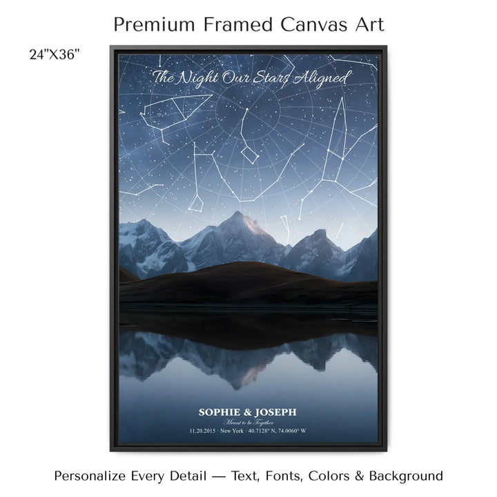 Personalized star map wall art with customizable background, title, names, date, location, and coordinates - 24x36 framed canvas-ARTFULANE