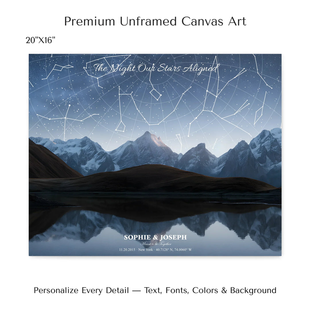 Personalized star map wall art with customizable background, title, names, date, location, and coordinates - 20x16 stretched canvas-ARTFULANE