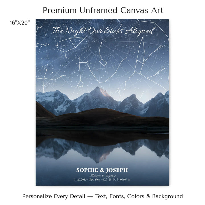 Personalized star map wall art with customizable background, title, names, date, location, and coordinates - 16x20 stretched canvas-ARTFULANE