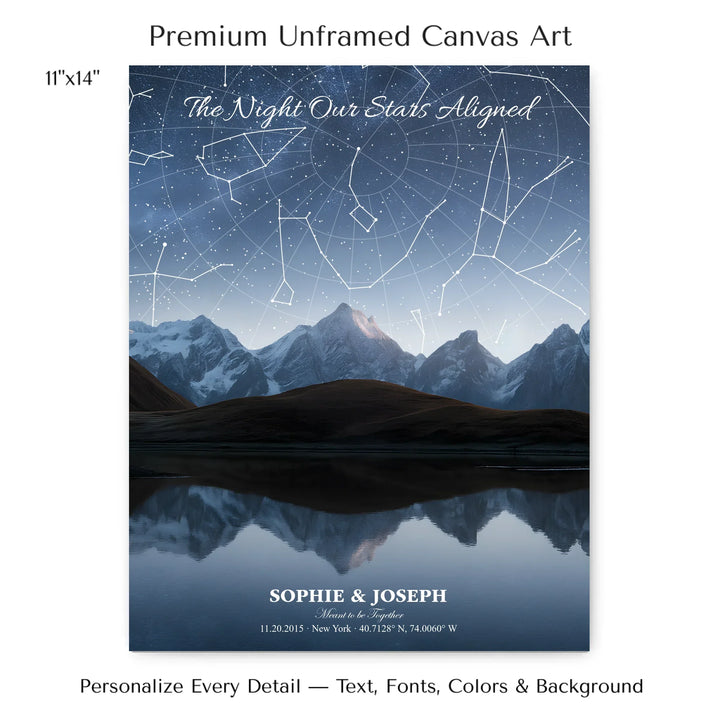 Personalized star map wall art with customizable background, title, names, date, location, and coordinates - 11x14 stretched canvas-ARTFULANE