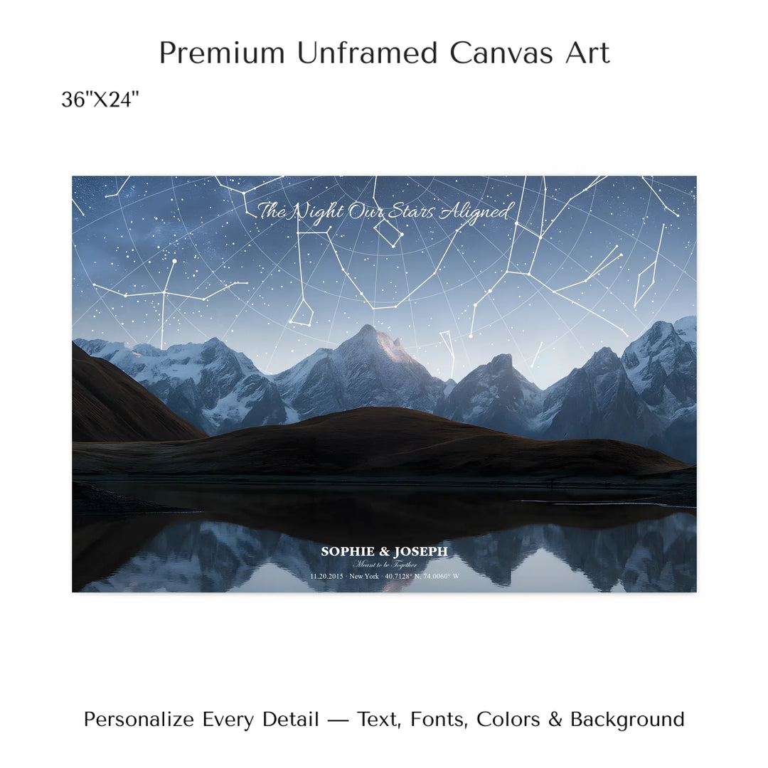 Personalized star map wall art with customizable background, title, names, date, location, and coordinates - 36x24 stretched canvas-ARTFULANE