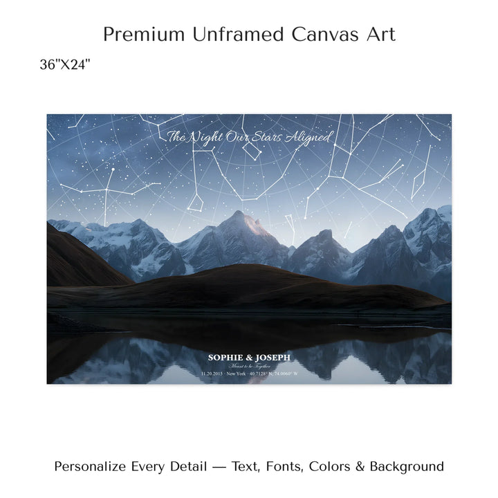 Personalized star map wall art with customizable background, title, names, date, location, and coordinates - 36x24 stretched canvas-ARTFULANE