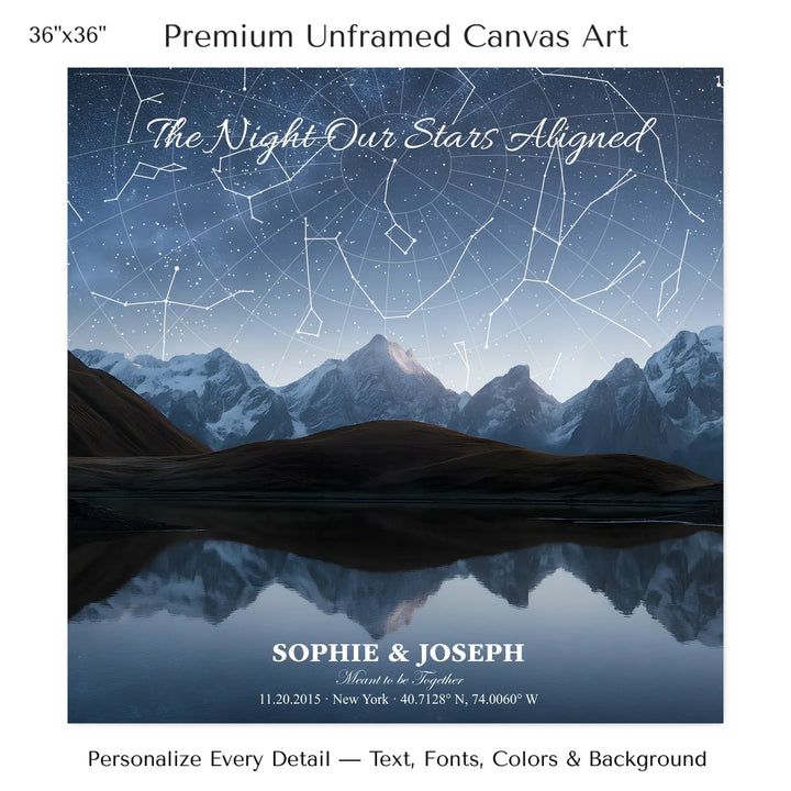 Personalized star map wall art with customizable background, title, names, date, location, and coordinates - 36x36 stretched canvas-ARTFULANE
