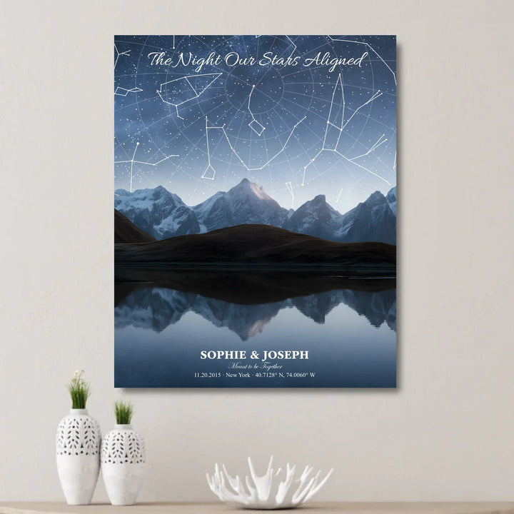 Personalized star map wall art with customizable background, title, names, date, location, and coordinates - unframed canvas on wall-ARTFULANE