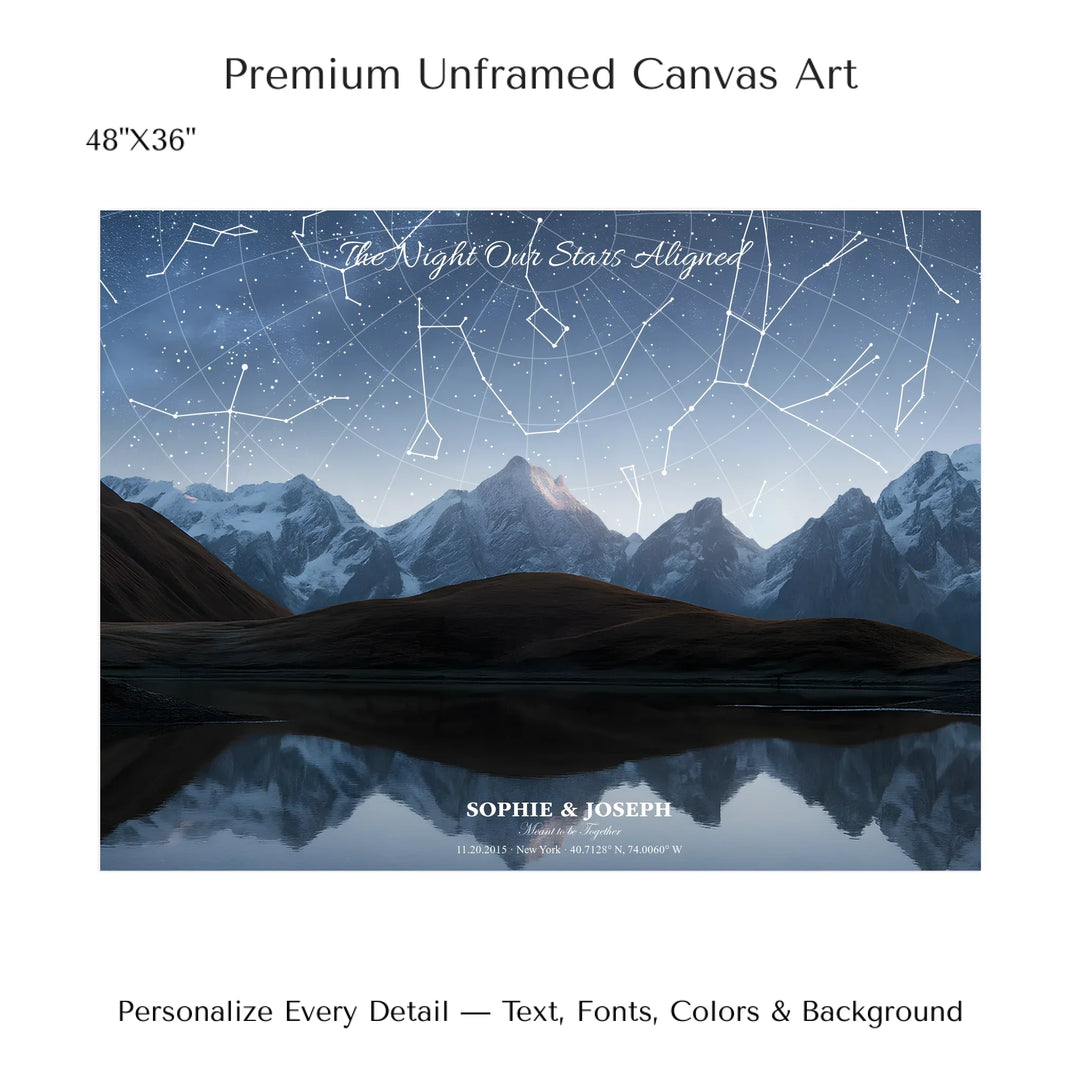 Personalized star map wall art with customizable background, title, names, date, location, and coordinates - 48x36 stretched canvas-ARTFULANE